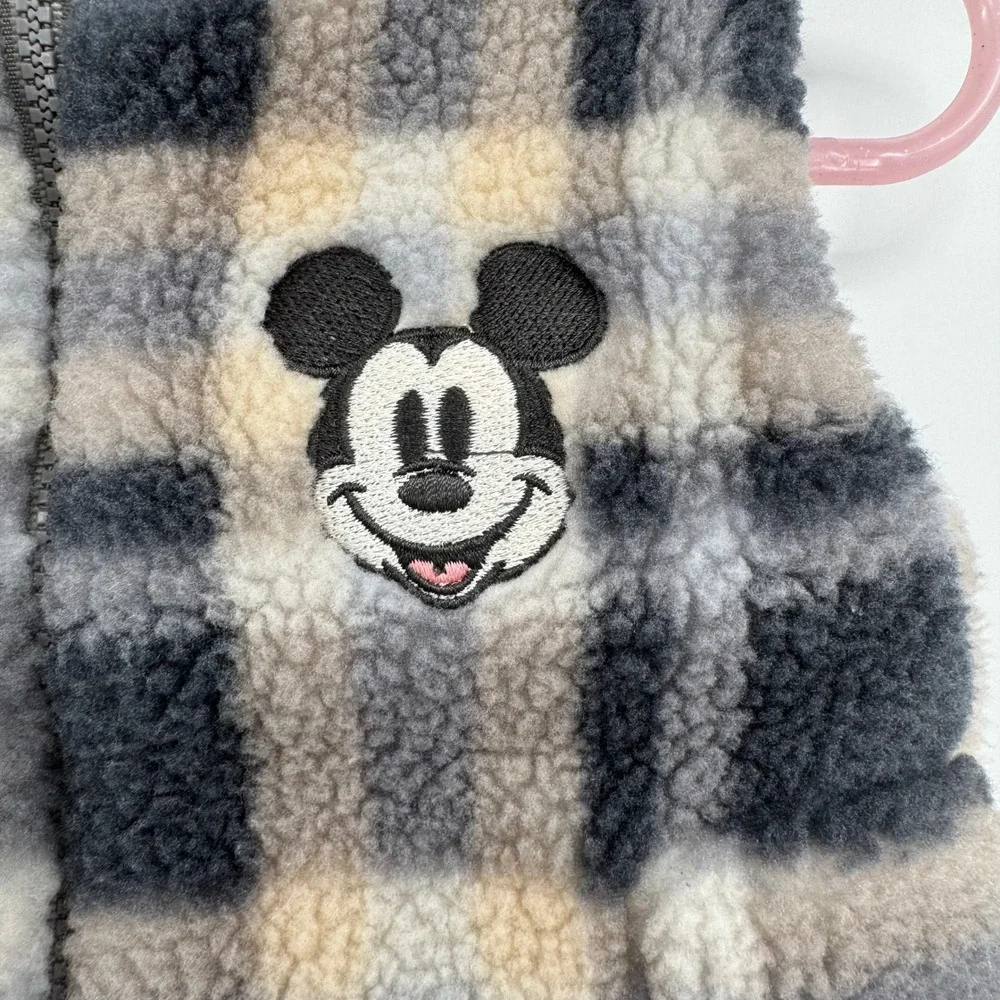 Disney‎ Mickey Mouse Baby Boy's Faux Sherpa Vest Gray/Cream Plaid Size 0/3M